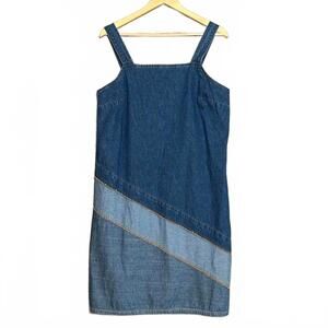 Expressions Blue Denim Midi Dress Colorblock Asymmetrical Hem Women’s Size 14